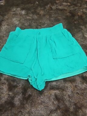 She + Sky Teal Women's Drawstring Athletic Lined Linen Type Shorts. Size S
